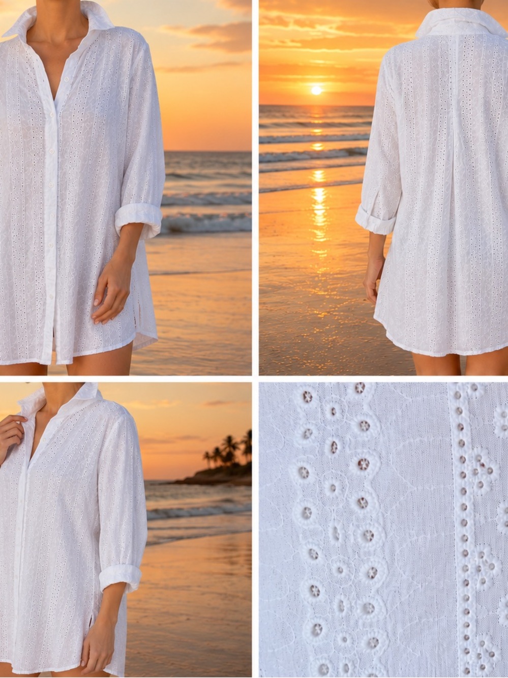 White Eyelet Button-Front Swim Coverup Shirt - Lightweight Beach Tunic